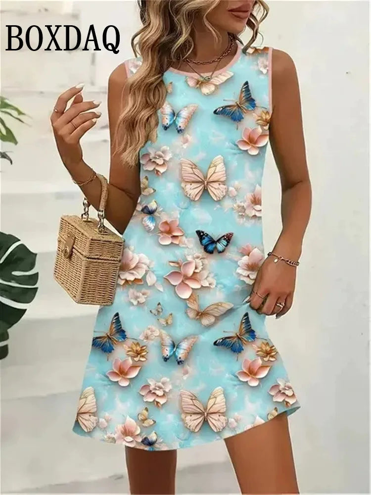Letnia sukienka plażowa – motyle, 3D print, bez rękawów — Sukienka — EldoradoShop