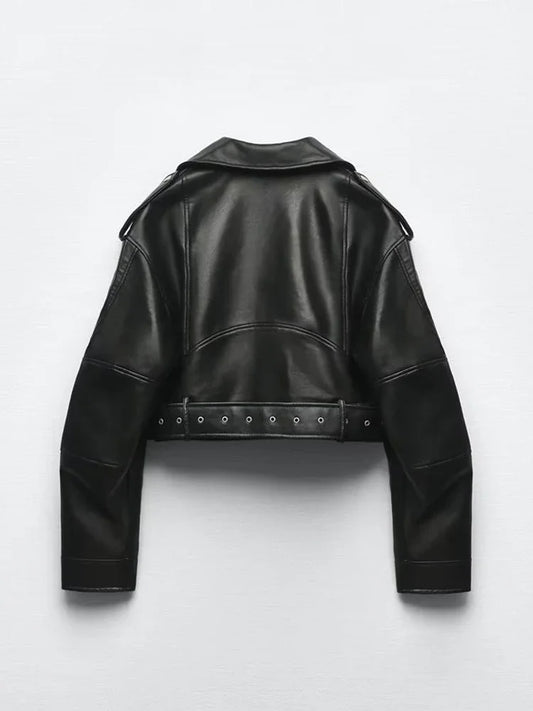 Oversized kurtka vintage ekoskóra z paskiem – streetwear, moto biker