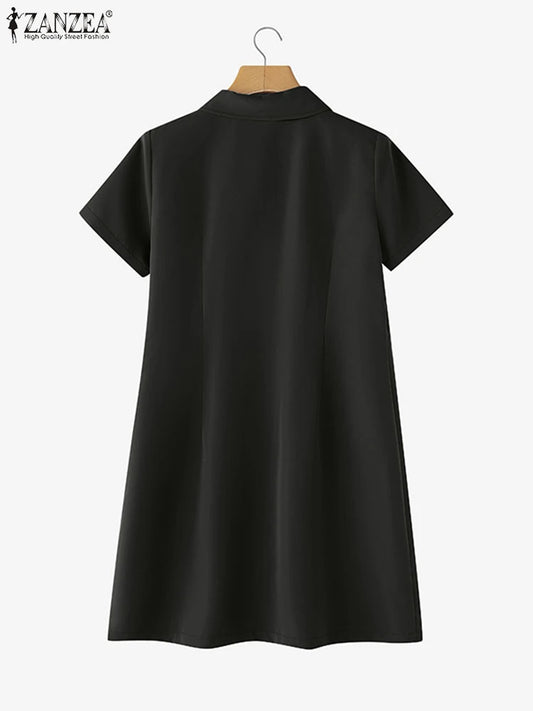 Sukienka koszulowa mini – A-line, kieszenie, zamek