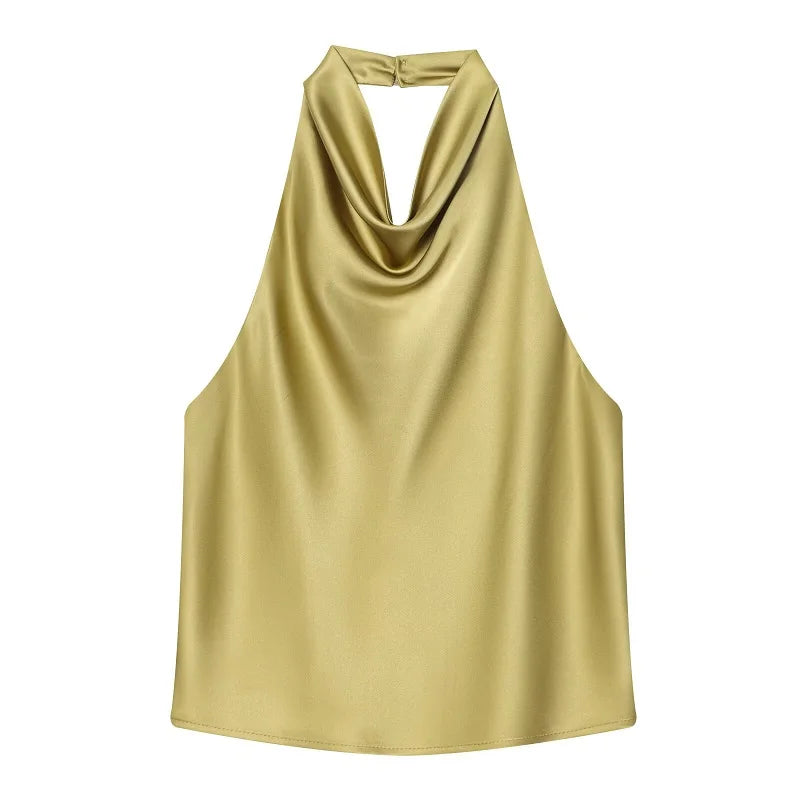 Satynowy top halter – z odkrytymi plecami, elegancki, elegancki