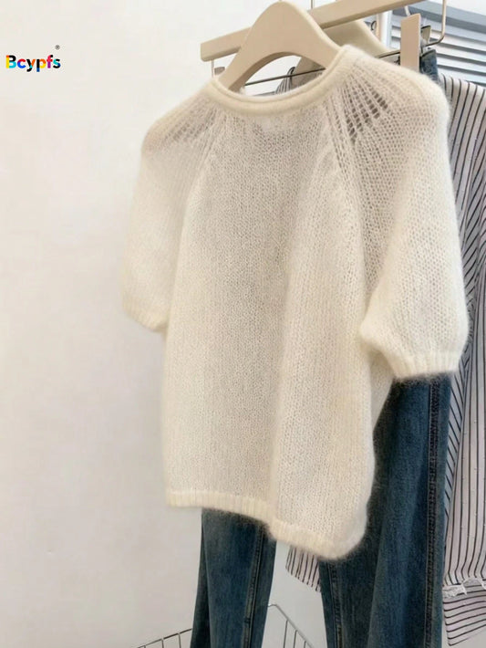 Krótki sweter ażurowy – letni, wiosenny