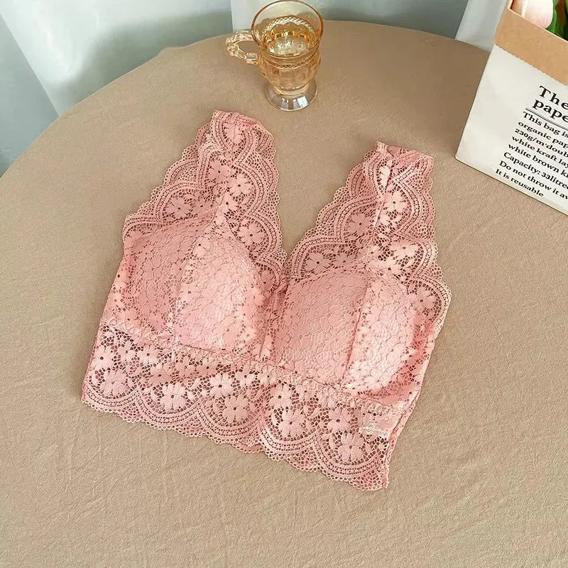Koronkowy biustonosz-top – głęboki dekolt V, bez drutu, biustonosz-top — biała — Bielizna — EldoradoShop