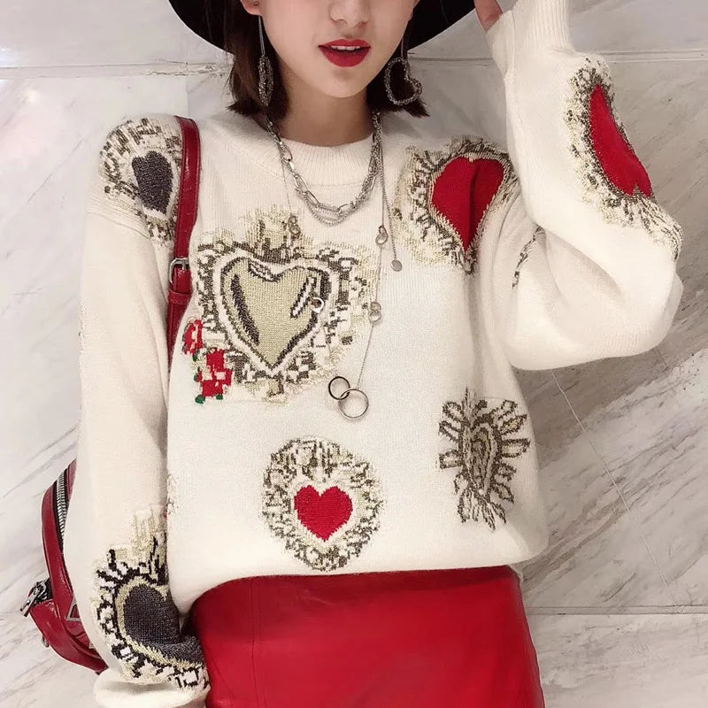 Sweter z haftem serca – romantyczny, kobiecy — Swetry — EldoradoShop