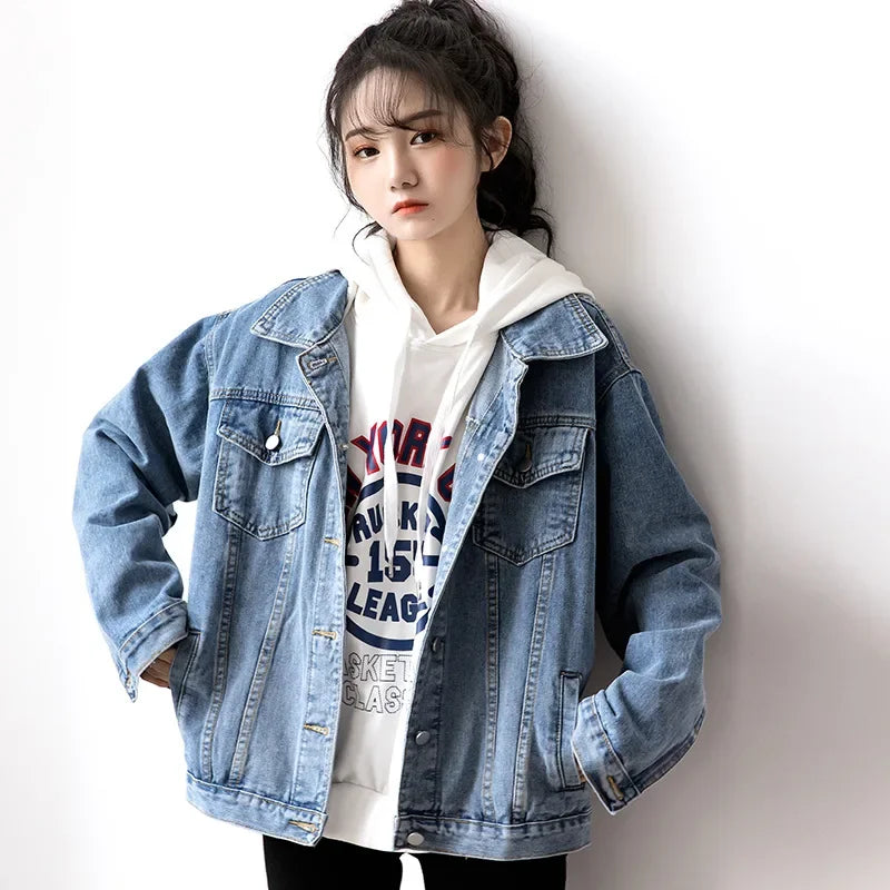 Dżinsowa kurtka oversize damska – koreański styl, długi rękaw, zima 2026 — niebieska — Kurtki — EldoradoShop