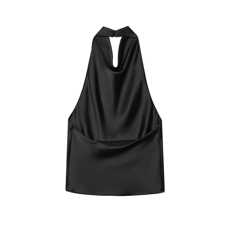 Satynowy top halter – z odkrytymi plecami, elegancki, elegancki