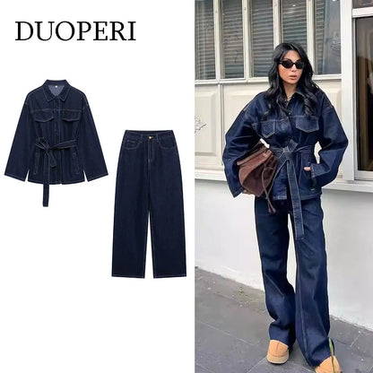 Komplet dżinsowy 2-częściowy – kurtka z paskiem + spodnie vintage — Kurtki — EldoradoShop