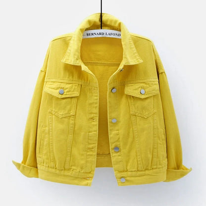 Klasyczna kurtka dżinsowa boyfriend – oversize, kolorowa, luźna — niebieska — Kurtki — EldoradoShop