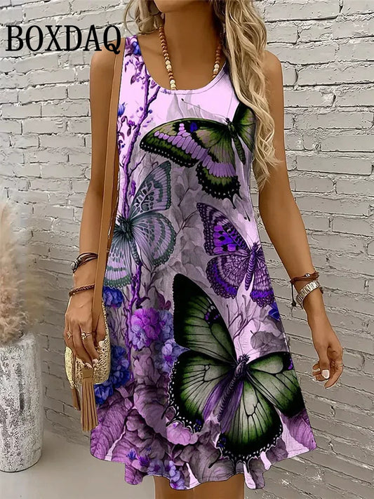 Letnia sukienka plażowa – motyle, 3D print, bez rękawów
