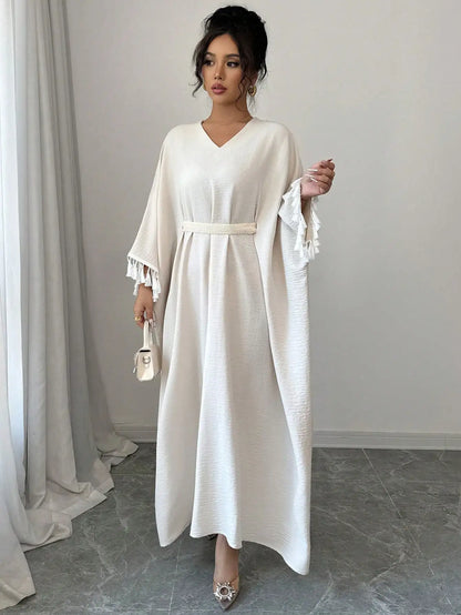 Sukienka kaftan z plecionym paskiem – elegancka, midi — Sukienka — EldoradoShop