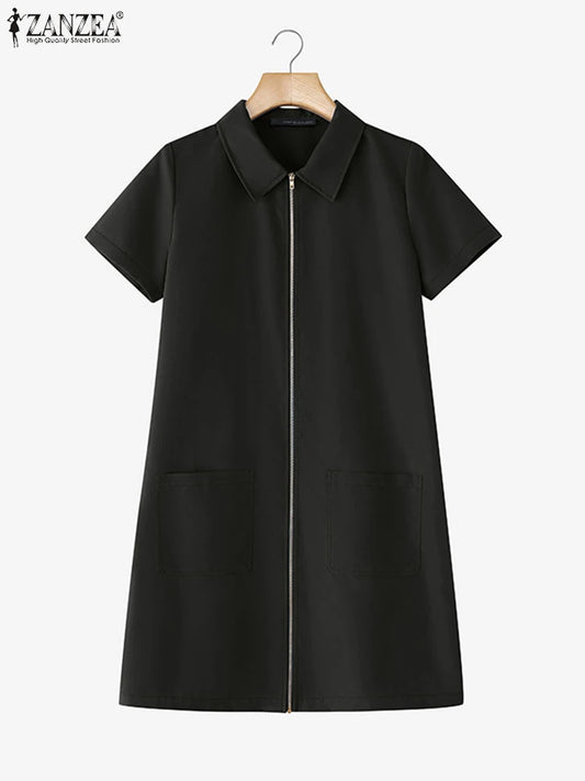 Sukienka koszulowa mini – A-line, kieszenie, zamek