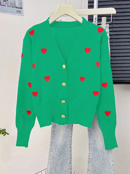 Kardigan z serduszkowymi guzikami – kobiecy, V-neck — Swetry — EldoradoShop