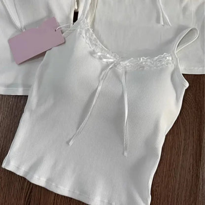 Koronkowy top z kokardą y2k – elegancki, crop top, streetwear — biała — Topy — EldoradoShop