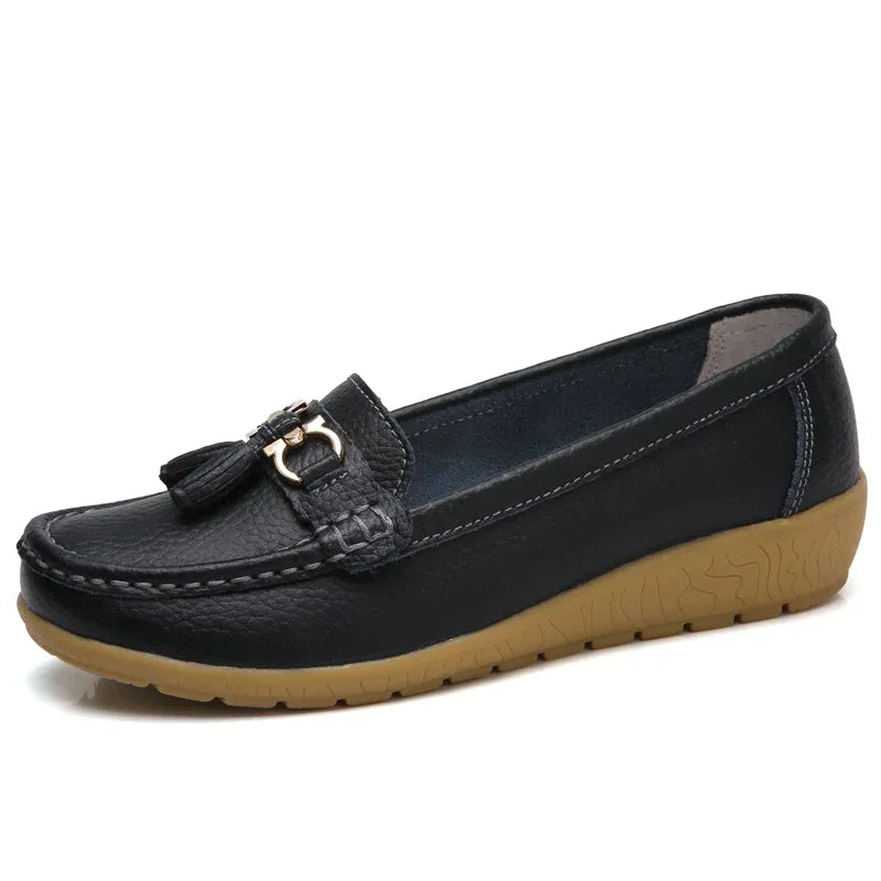 Damskie mokasyny slip-on – baleriny, casual, wygodne, płaskie — czarna — Obuwie — EldoradoShop
