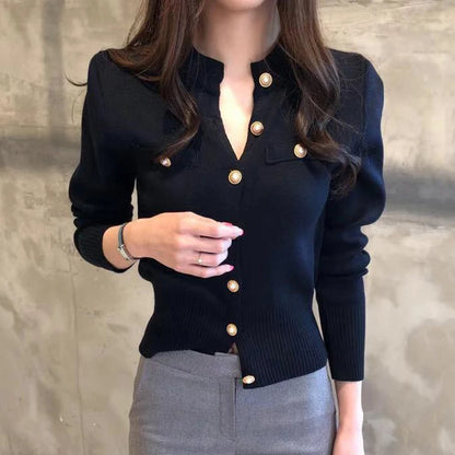 Jesienny kardigan dzianinowy – koreański styl, slim fit, zapinany 2026 — Swetry — EldoradoShop