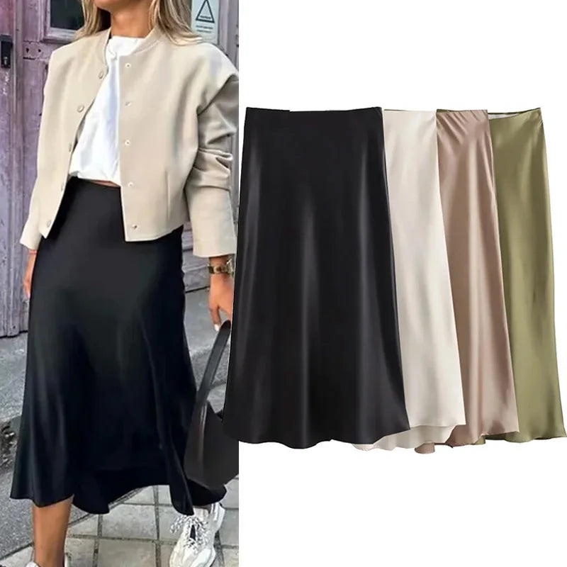 Satynowa spódnica midi Willshela – czarna, wysoki stan — czarna — Spódnice — EldoradoShop