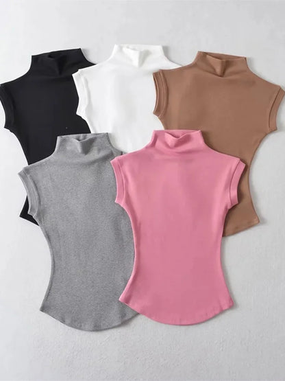 Damski top z golfem – bez rękawów, letni, slim — Topy — EldoradoShop