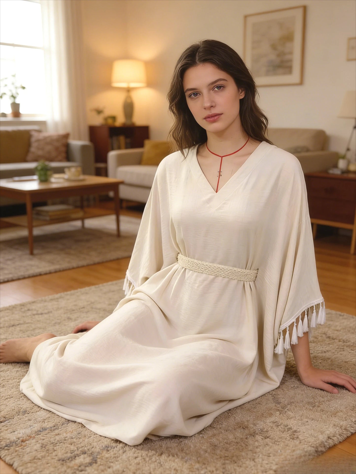 Sukienka kaftan z plecionym paskiem – elegancka, midi — Sukienka — EldoradoShop