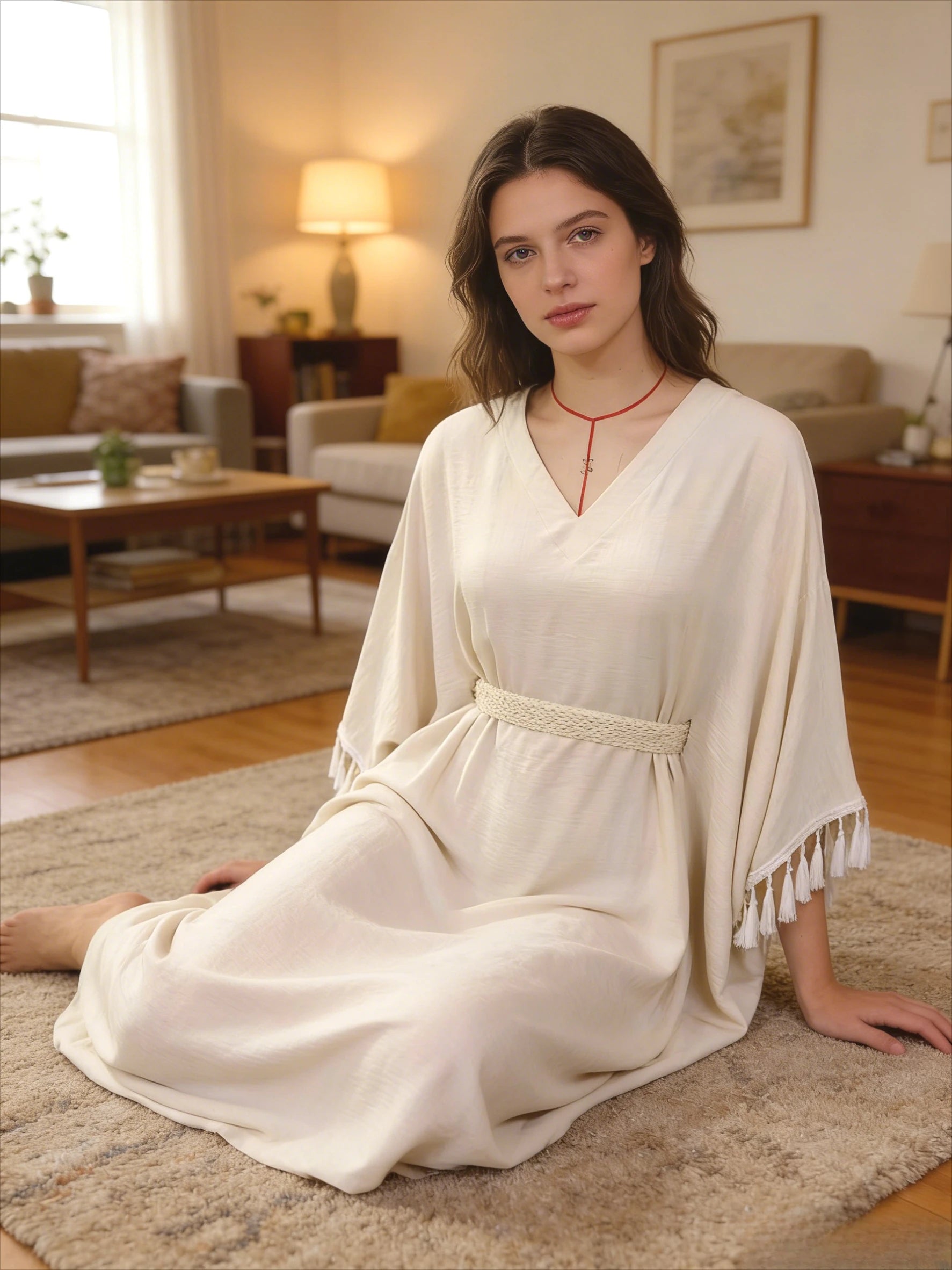 Sukienka kaftan z plecionym paskiem – elegancka, midi — Sukienka — EldoradoShop