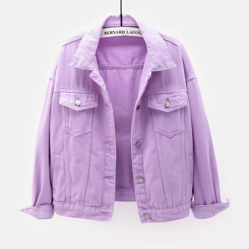 Klasyczna kurtka dżinsowa boyfriend – oversize, kolorowa, luźna — niebieska — Kurtki — EldoradoShop