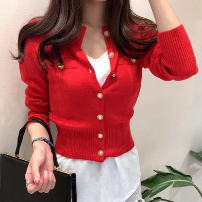 Jesienny kardigan dzianinowy – koreański styl, slim fit, zapinany 2026 — Swetry — EldoradoShop