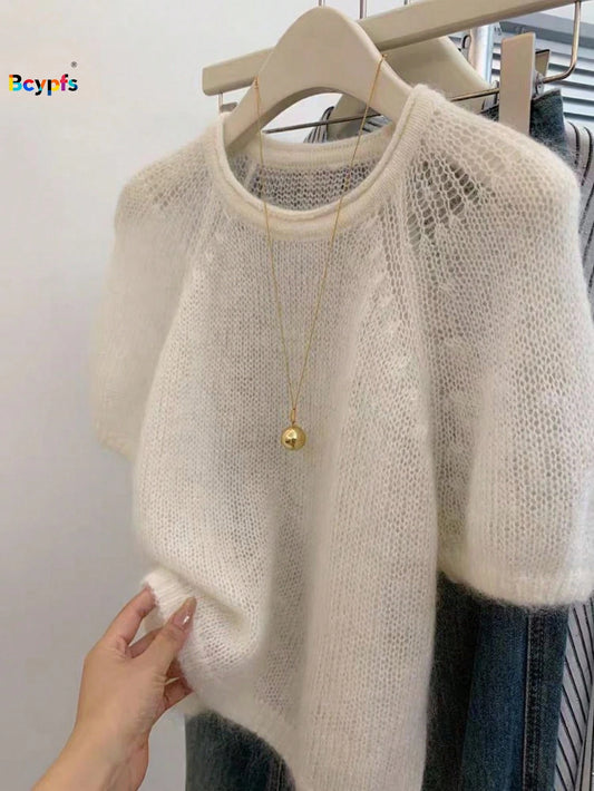 Krótki sweter ażurowy – letni, wiosenny