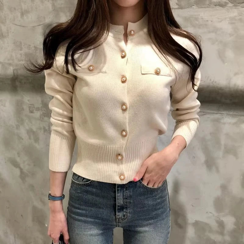 Jesienny kardigan dzianinowy – koreański styl, slim fit, zapinany 2026 — Swetry — EldoradoShop