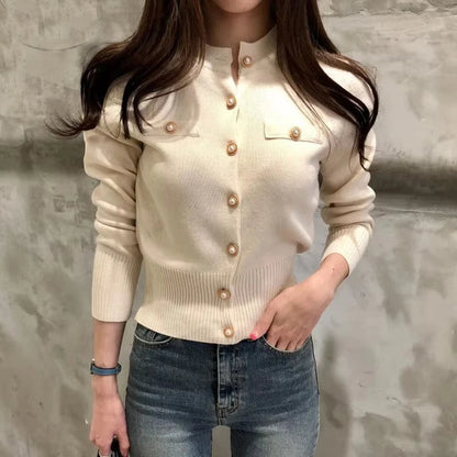 Jesienny kardigan dzianinowy – koreański styl, slim fit, zapinany 2026 — Swetry — EldoradoShop