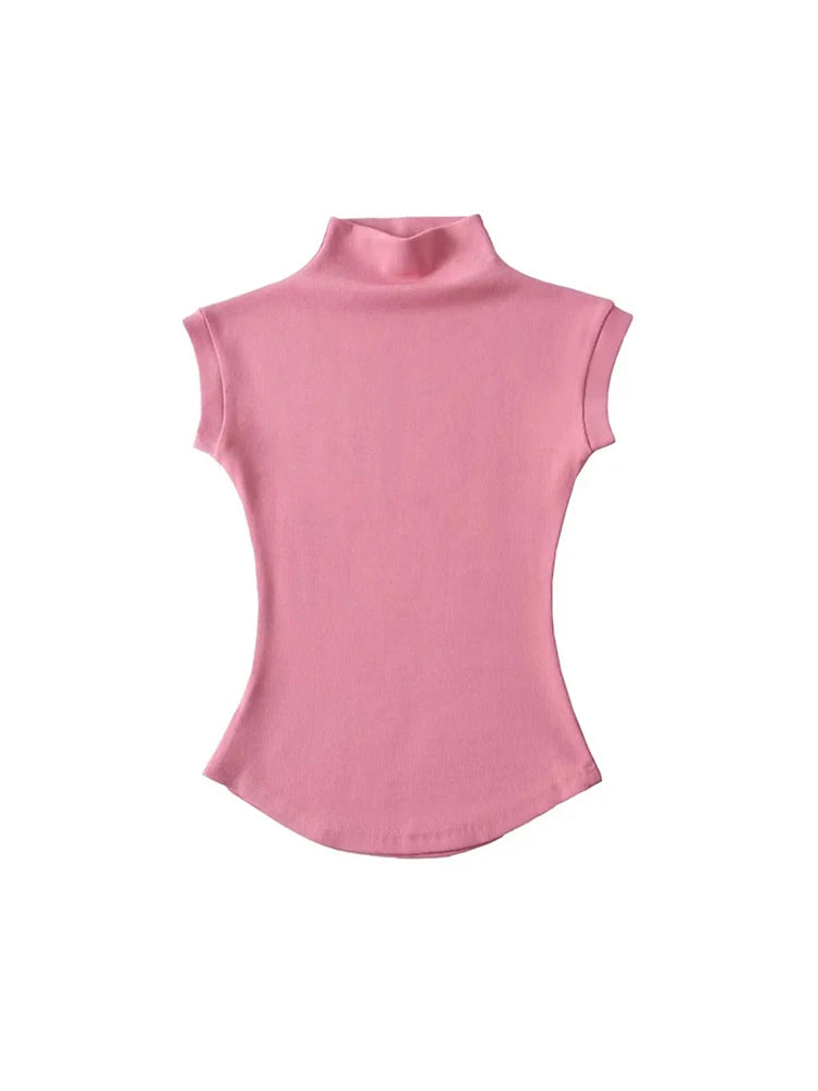 Damski top z golfem – bez rękawów, letni, slim — Topy — EldoradoShop