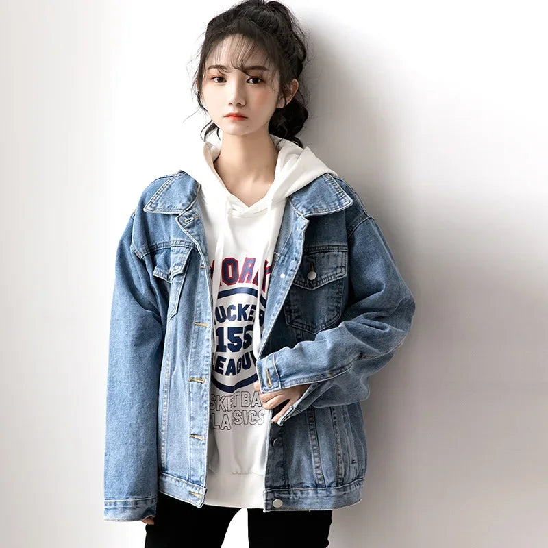 Dżinsowa kurtka oversize damska – koreański styl, długi rękaw, zima 2026 — niebieska — Kurtki — EldoradoShop