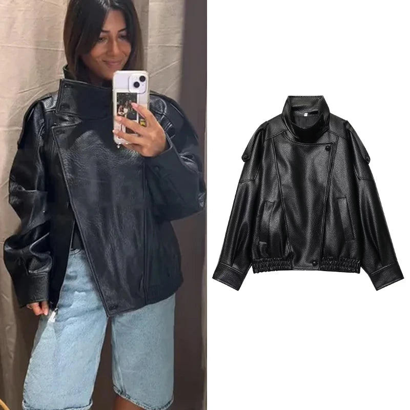 Czarna kurtka ze sztucznej skóry oversize – streetwear, jesień/zima 2026 — czarna — Kurtki — EldoradoShop