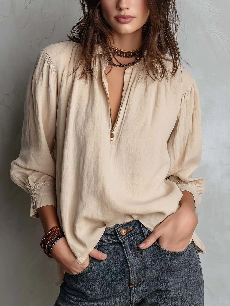 Lniana koszula oversize z zamkiem – damska, letnia — Koszule — EldoradoShop