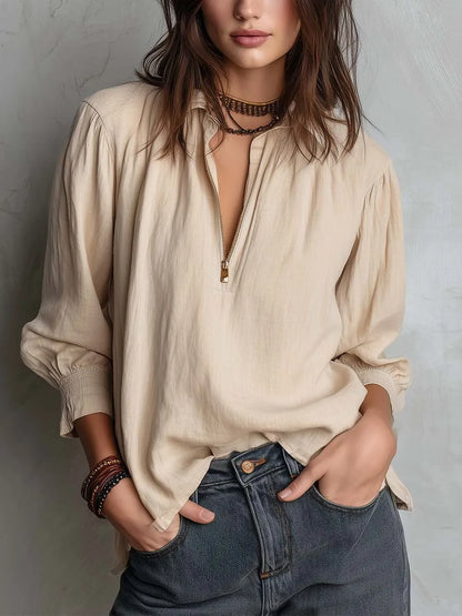 Lniana koszula oversize z zamkiem – damska, letnia — Koszule — EldoradoShop