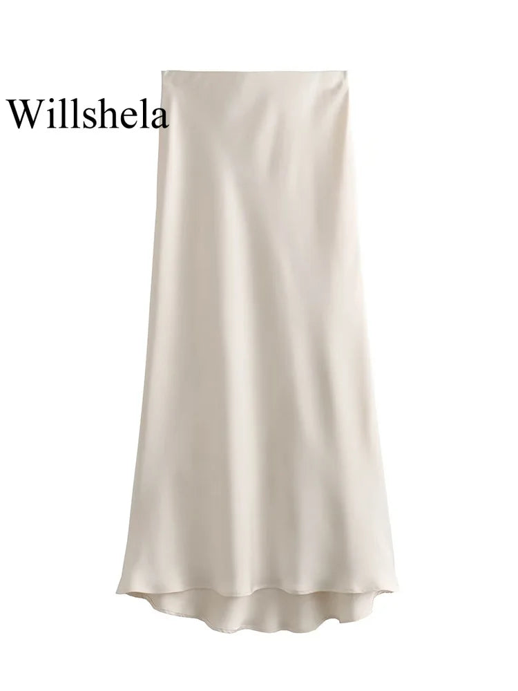 Satynowa spódnica midi Willshela – czarna, wysoki stan — czarna — Spódnice — EldoradoShop