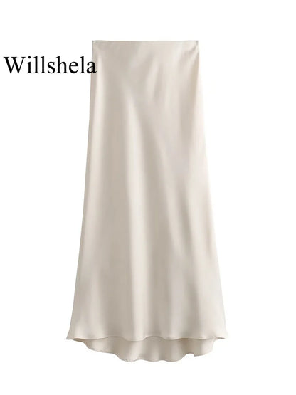 Satynowa spódnica midi Willshela – czarna, wysoki stan — czarna — Spódnice — EldoradoShop