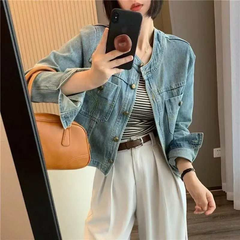 Krótka kurtka dżinsowa vintage – przetarta, klasyczna, wiosna/jesień