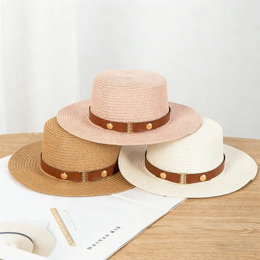 Damski słomkowy kapelusz letni – płaska główka, ochrona UV, plaża