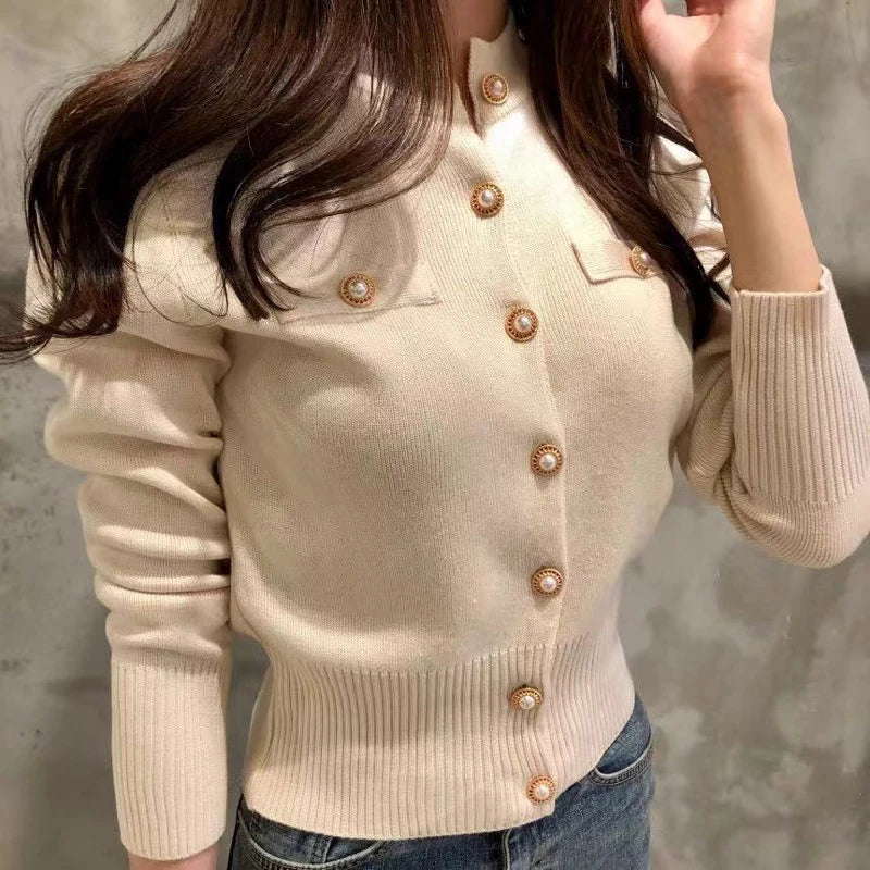 Jesienny kardigan dzianinowy – koreański styl, slim fit, zapinany 2026 — Swetry — EldoradoShop