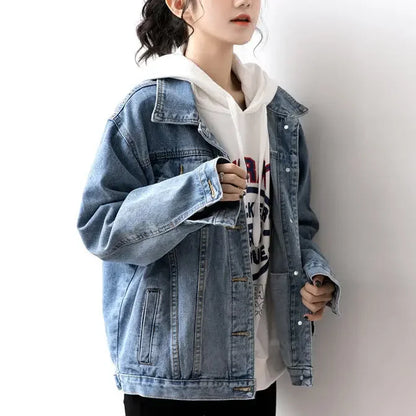 Dżinsowa kurtka oversize damska – koreański styl, długi rękaw, zima 2026 — niebieska — Kurtki — EldoradoShop