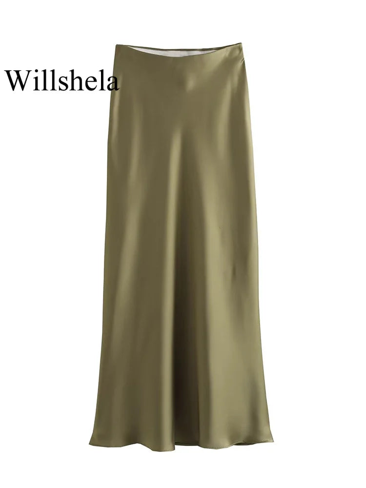 Satynowa spódnica midi Willshela – czarna, wysoki stan — czarna — Spódnice — EldoradoShop