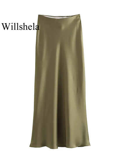 Satynowa spódnica midi Willshela – czarna, wysoki stan — czarna — Spódnice — EldoradoShop