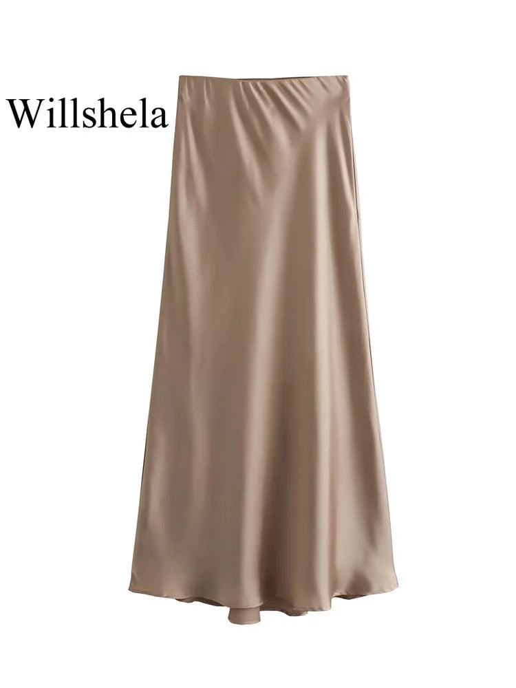 Satynowa spódnica midi Willshela – czarna, wysoki stan — czarna — Spódnice — EldoradoShop