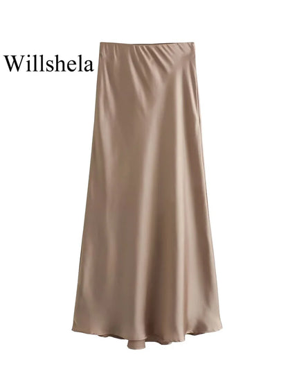 Satynowa spódnica midi Willshela – czarna, wysoki stan — czarna — Spódnice — EldoradoShop