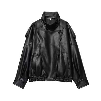 Czarna kurtka ze sztucznej skóry oversize – streetwear, jesień/zima 2026 — czarna — Kurtki — EldoradoShop