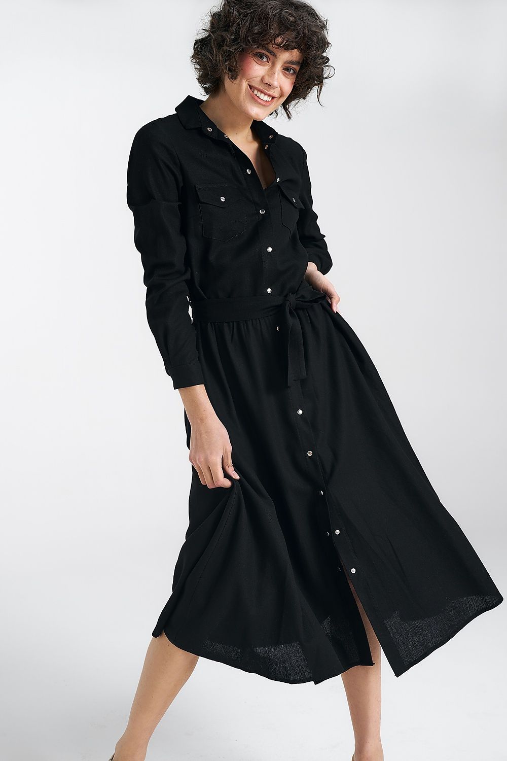  Sukienka lniana zapinana na napy S241 Black - Nife 