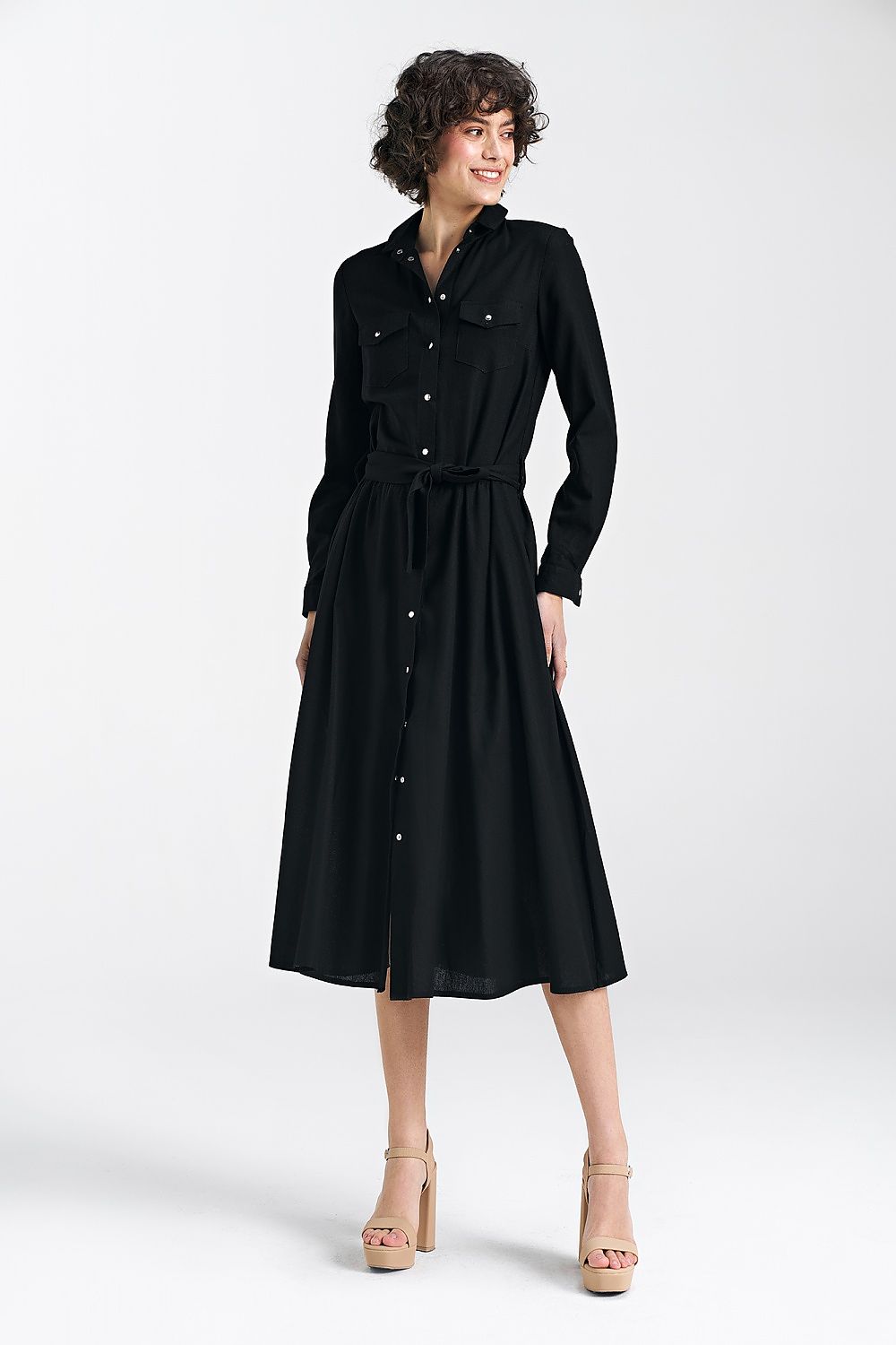  Sukienka lniana zapinana na napy S241 Black - Nife 