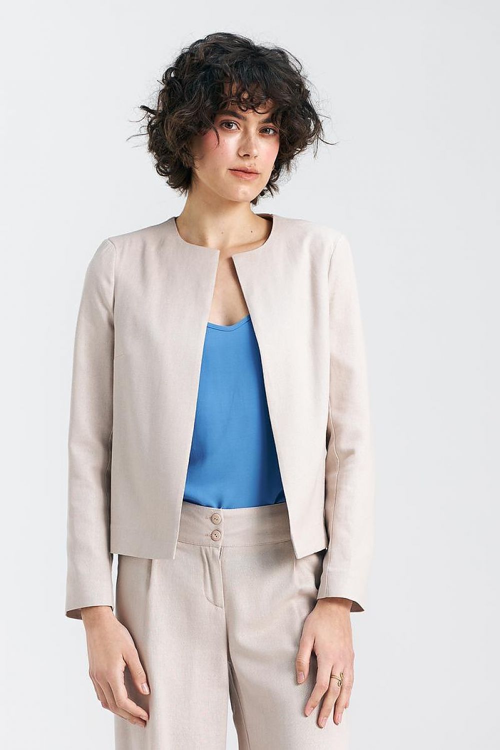   Żakiet typu chanel lniany Z54 Beige - Nife 