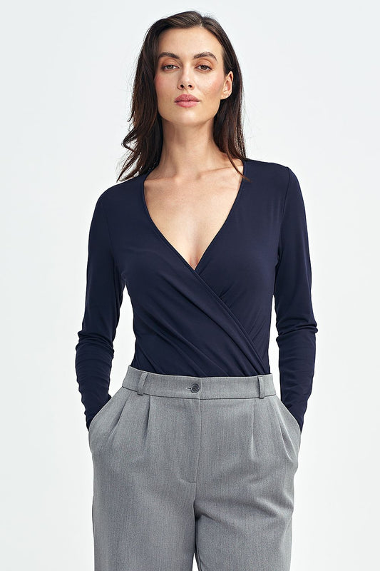   Bluzka body z kopertowym dekoltem B176 Navy - Nife 