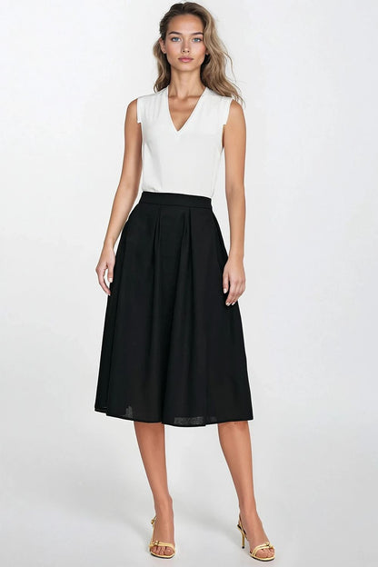  Spódnica midi z rayonu z zakładkami SP82 Black - Nife 