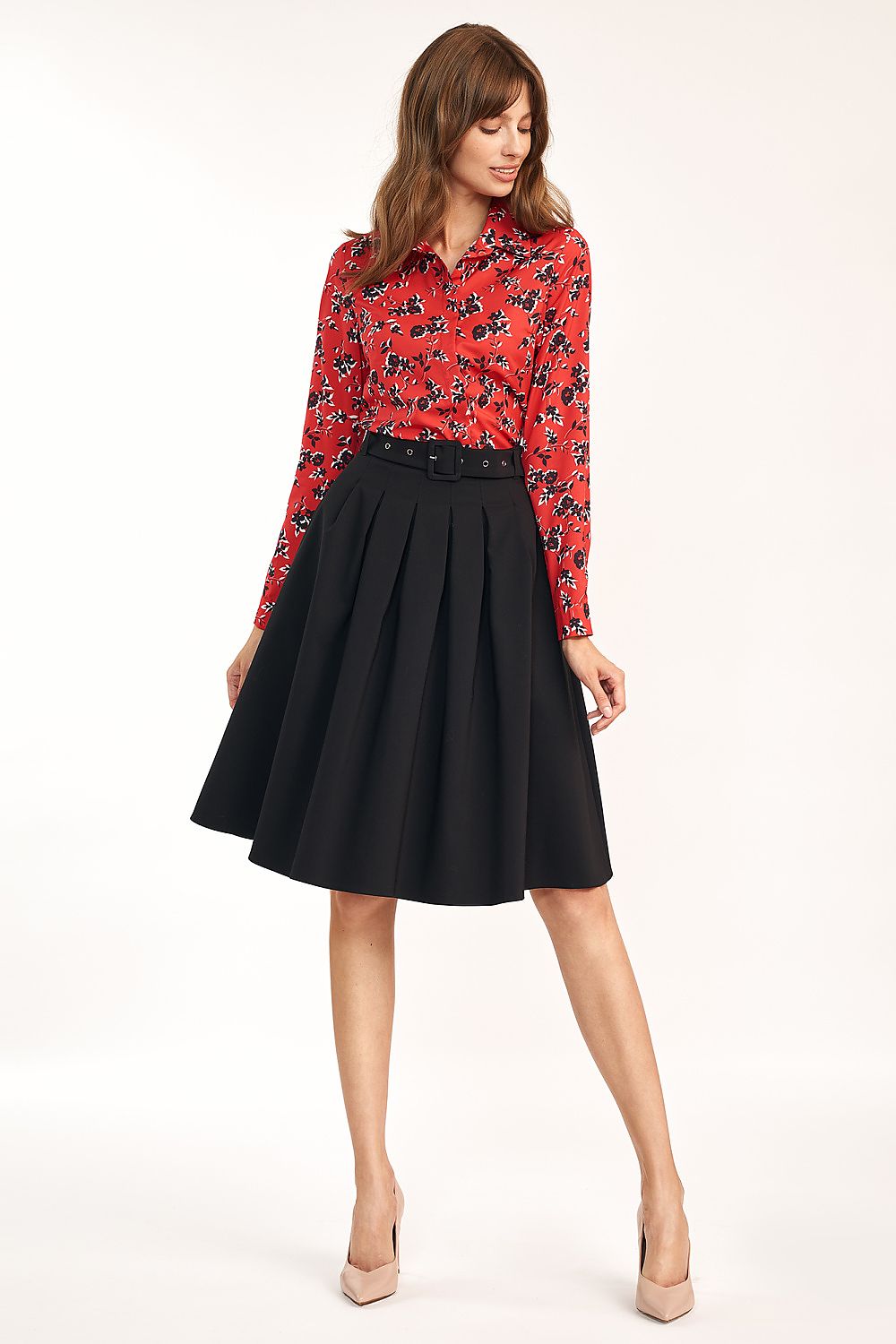  Spódnica midi z paskiem w kolorze czarnym SP75 Black - Nife 