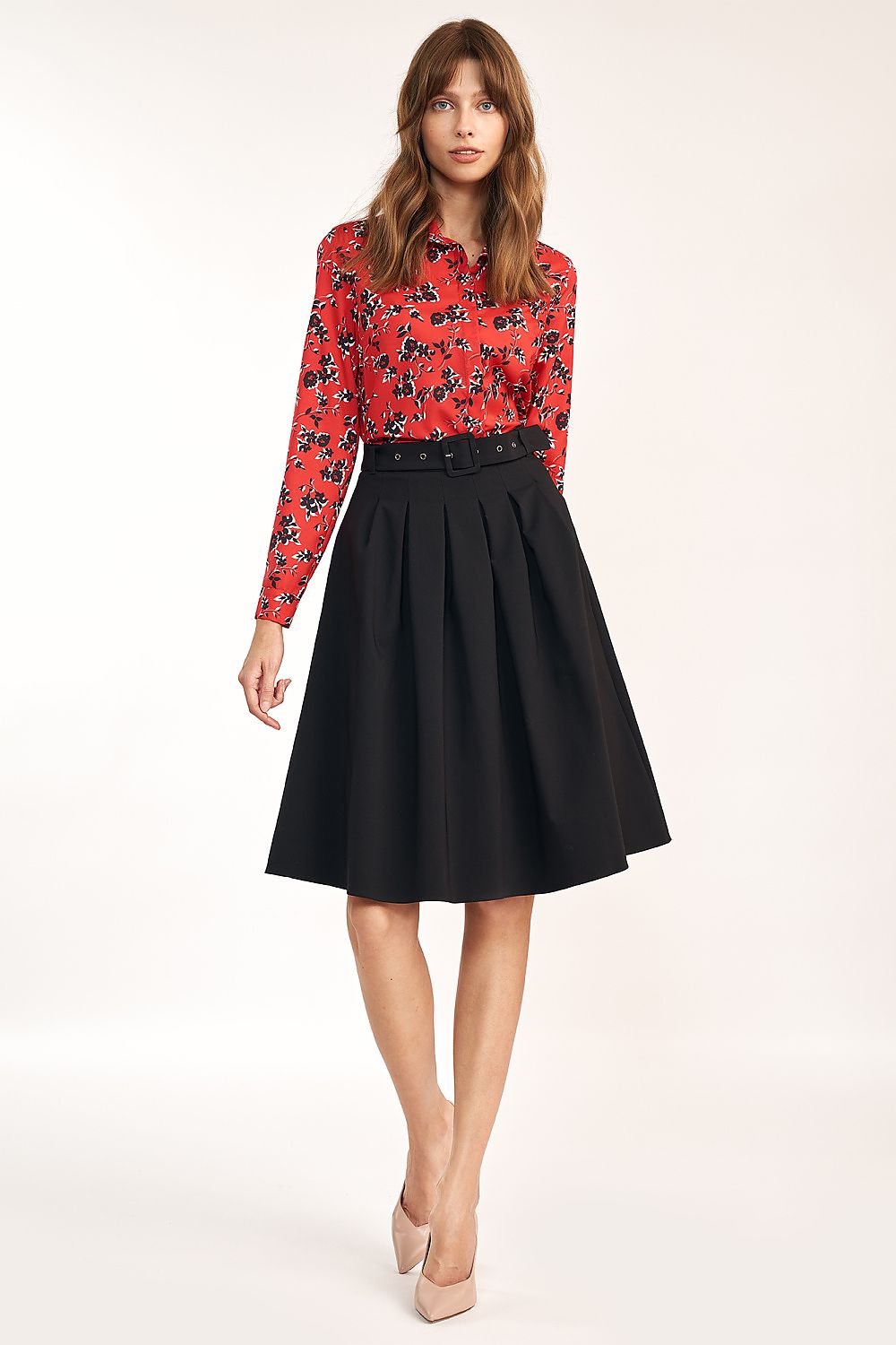 Spódnica midi z paskiem w kolorze czarnym SP75 Black - Nife 